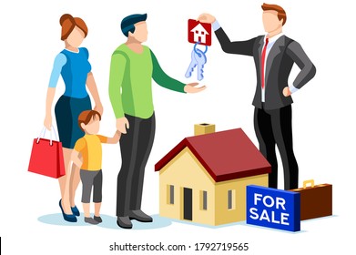 Hipoteca para invertir, personajes y propiedades inmobiliarias, préstamo de bienes raíces para comprar. Carácter y agente para invertir en alquiler, concepto de hipoteca o alquiler. Agente comprando préstamo, propiedad de la gente. Vector.