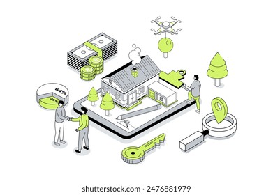 Mortgage investment 3d isometric concept in outline isometry design for web. People investing money in real estate, buying new apartments, owning property, dealing with broker. Vector illustration.