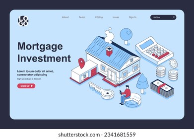 Mortgage investment concept in 3d isometric design for landing page template. People buying new houses, housing apartment, investing money in real estate, owning property. Vector illustration for web