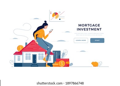 Mortgage investment landing page template. Woman sitting on the house, analyzes profit from property buying or rent. Buy real estate, investment income for web site design. Flat vector illustration