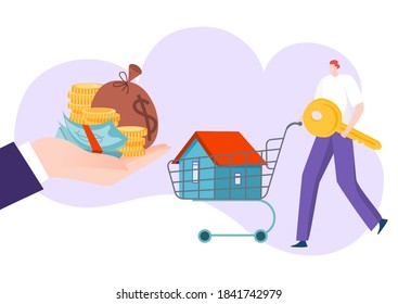 Mortgage investment in real estate, house in cart, buy home property vector illustration. Person woner character with apartment in trolley. Male buyer shop cartoon ownership, purchase deal.