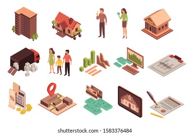 Mortgage isometric icons set of isolated icons human characters and images of paperwork money and houses vector illustration