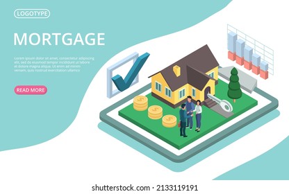 Mortgage Isometric Landing Page. Cottage House With Scatter Coins And Hourglass. Hypothec Loan, Debt, Personal Bank Consumer Credit Offer For Buying Home By Installments. 3d Vector Line Art Web Banner