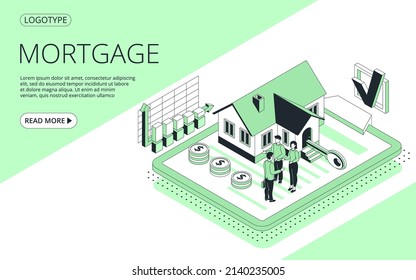 Mortgage isometric landing page. Cottage house with scatter coins and hourglass. Hypothec loan, debt, personal bank consumer credit offer for buying home by installments.