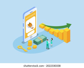 Mortgage isometric vector concept. Man and woman discussing with home mortgage apps, money, and financial graph