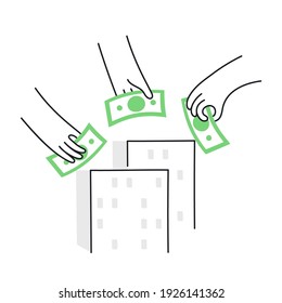 Mortgage, joint investment, joint fundraising, deposit, or investment in teal estate. Hands are holding money and offer them to developers. Thin line vector illustration on white.