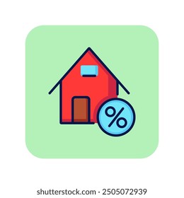 Mortgage line icon. House building with percent on green background. Finance and buying concept. Vector illustration can be used for topics like banking, mortgage program, investment