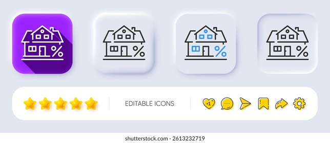 Mortgage line icon. Neumorphic, Flat shadow, 3d buttons. Credit tax rate sign. Real estate percent symbol. Line mortgage icon. Social media icons. Vector