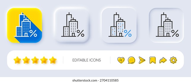 Icono de línea hipotecaria. Neumórfico, Sombra plana, Botones 3D. Signo de tasa de impuestos de crédito. Símbolo de porcentaje inmobiliario. Icono de hipoteca de línea. Iconos de redes sociales. Vector