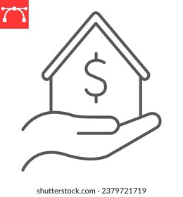 Mortgage line icon, real estate and home, hand holding house vector icon, vector graphics, editable stroke outline sign, eps 10.