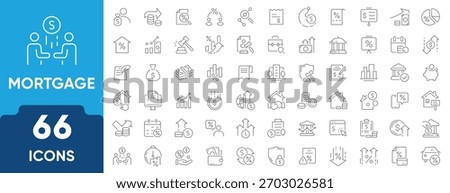 Mortgage Line Icon Set. Features icons for loan, property, interest rate, finance, credit, investment, and home ownership. Perfect for banking, real estate, and financial projects.