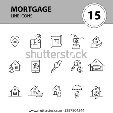Mortgage line icon set. Floor plan, house, garage, cash. Home concept. Can be used for topics like property, insurance, real estate purchase