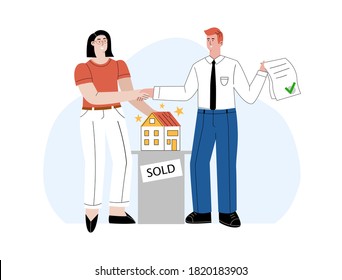 Mortgage loan application approval vector flat concept illustration. A happy woman is shaking hands with real estate agent. Confirmed house sale with approved bank credit form. Customer buying home.