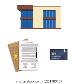 Mortgage loan application, contract with house key, credit card and house, home. Vector illustration