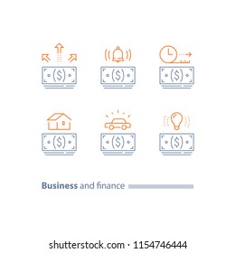 Mortgage loan, buy house, car credit, vehicle purchase, money bundle, installment concept, finance service, down payment, time period, vector line icon set, thin stroke