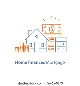 Mortgage loan calculator, down payment, low interest rate, home buying budget, vector line icon, thin stroke