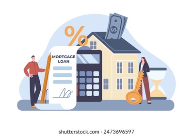 Mortgage loan concept. Financial support banking system for young family. Couple buy house and calculates interest on loan, kicky vector scene