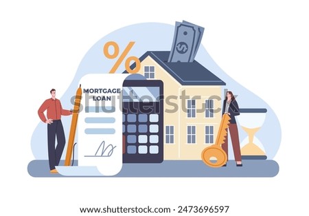 Mortgage loan concept. Financial support banking system for young family. Couple buy house and calculates interest on loan, kicky vector scene