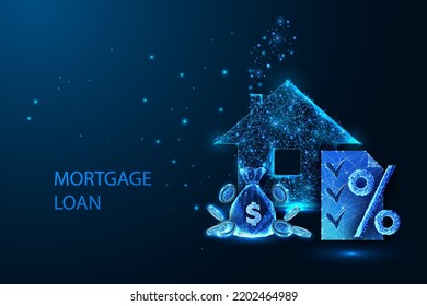  Mortgage loan concept with house, money bag, contract and percentage signs on dark blue background