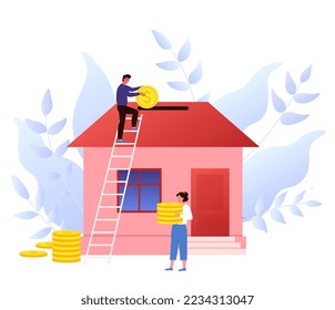 Mortgage loan concept. People pay monthly payments. Credit paying for the real estate. House, apartment buying. Money investment in property. Flat vector illustration.