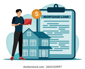 Mortgage loan concept. A person reviewing mortgage documents on a laptop alongside a house image, symbolizing real estate and finance concepts.