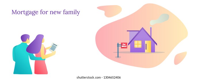 Mortgage loan flat vector illustration. People outside home. Real estate contract. Rental house. Couple relocation.