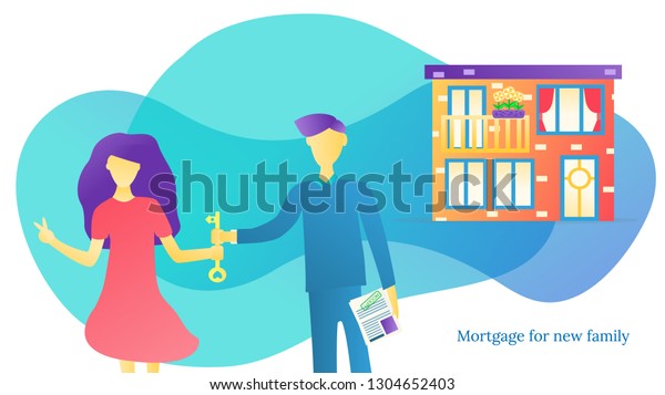 Mortgage loan\
flat vector illustration. People outside home. Real estate\
contract. Rental house. Couple\
relocation.