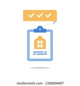 Mortgage loan, home ownership, house rental, real estate services, check list clipboard, tick mark, property solution, house insurance policy, vector icon, flat design illustration