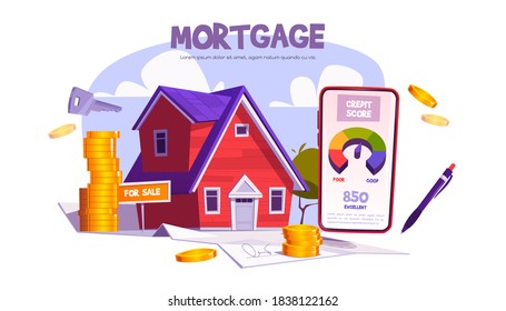 Mortgage, Loan For Home Purchase. Mobile Application With Credit Score For Property Buy Or Build. Vector Cartoon Illustration Of House, Keys, Financial Contract, Money And Smartphone