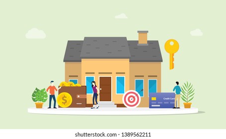 mortgage loan or home real estate buy with people and house for buy property with modern flat color style - vector illustration