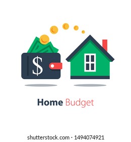 Mortgage loan, household expenses, real estate investment, house rental, property purchase, home finance and budget, living cost, vector flat illustration