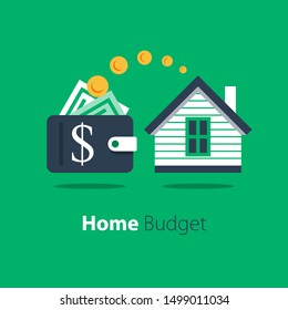 Mortgage loan, household expenses, real estate investment, house rental, property purchase, home finance and budget, living cost, vector flat illustration