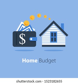 Mortgage loan, household expenses, real estate investment, house rental, property purchase, home finance and budget, living cost, vector flat illustration