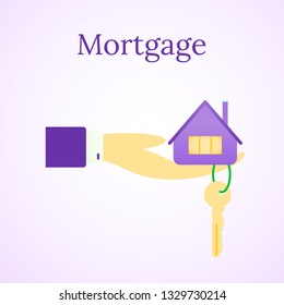 Mortgage loan icon. House buy. Real estate illustration. Home and key. People hands. Vector image.