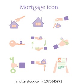 Mortgage loan icon. House buy. Real estate illustration. Home and key. People hands. Vector image.