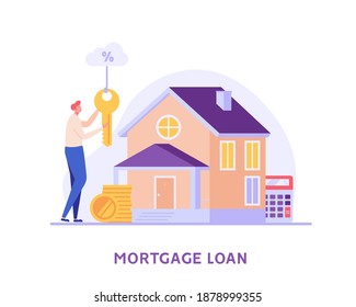 Mortgage Loan. Man Buying House with Bank Credit and Holding Key in Hands. Concept of Mortgage Payment, Real Estate Property, Home for Sale. Vector illustration for Web Design