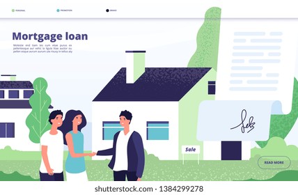 Mortgage loan. People borrower buy home property with bank credit. Young couple with broker, private house owner. Vector landing page