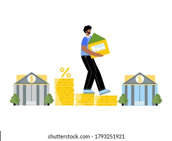 Mortgage And Loan Refinance Flat Concept. Man Holding His House Stepping Down On Stacks Of Coins Walking From One Bank To Another. Lower Monthly Payments And Less Percentage And Market Interest Rate. 