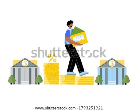 Mortgage and loan refinance flat concept. Man holding his house stepping down on stacks of coins walking from one bank to another. Lower monthly payments and less percentage and market interest rate. 