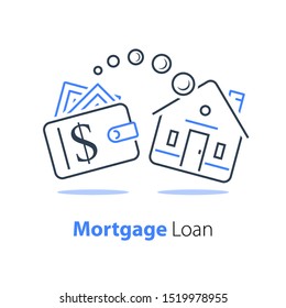 Mortgage Loan Refinance, Low Interest Rate, Buy House, Wallet With Cash, Real Estate Investment Concept, Payment Installment, Tax Return, Vector Icon, Line Icon