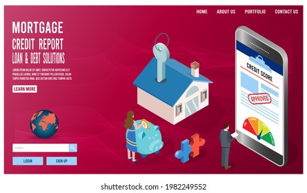 Mortgage loan regulation isometric landing page with house, key and credit score. 
Personal bank credit for buying home concept. Flat Isometric Vector Illustration eps10.