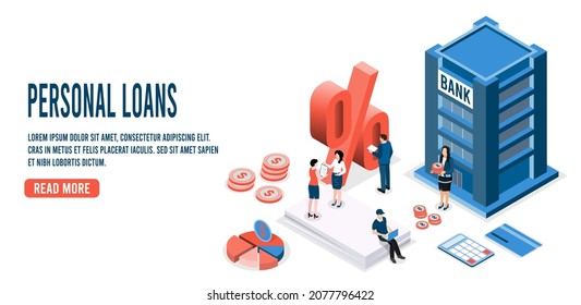 Mortgage Loan Regulation Isometric Landing Page. Banking And Finance For Personal Loans Interest Rate, Finance Risk, Debt Or Mortgage To Pay Back, Credit Or Monetary Policy