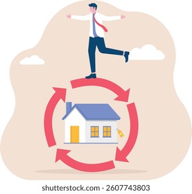 mortgage loan or reverse mortgage, property or real estate payment method for regular payment, businessman with reverse mortgage with reverse direction symbol

