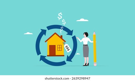 mortgage loan or reverse mortgage, property or real estate payment method for regular payment, business woman with reverse mortgage with reverse direction symbol