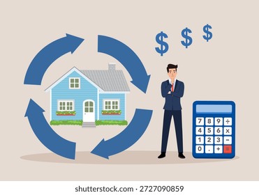 mortgage loan or reverse mortgage, property or real estate payment method for regular payment, businessman with reverse mortgage with reverse direction symbol