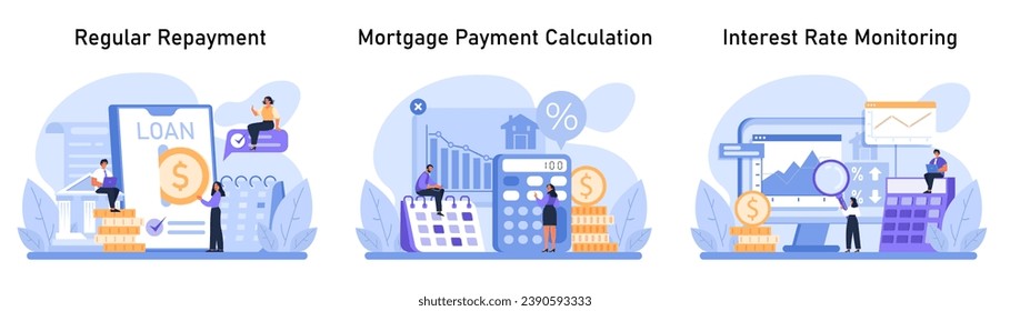 Mortgage management set. Clients engage in loan repayments, accurate mortgage calculations, and interest rate oversight. Regular payments, financial accuracy, and market watchfulness. Flat vector.