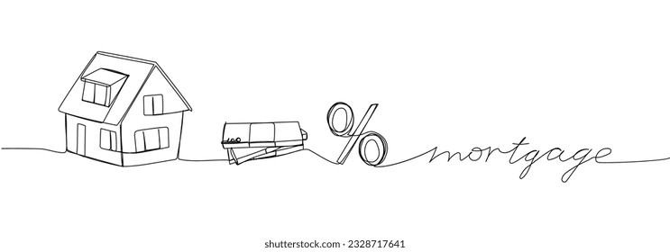 Hipoteca, dinero, casa, casa, tipo de interés, arte de una línea. Dibujo continuo de línea de crédito bancario, financiero, de pago, datos, económico, de riqueza con inscripción, letras, manuscrito.