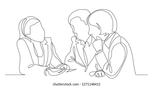 mortgage officer discussing details of home loan with man and woman - one line drawing