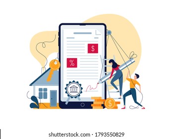 Mortgage online concept. Borrowers sign loan contract by e-signature. People affix an electronic signature to mortgage agreement. Digitally document on phone screen vector illustration, flat design