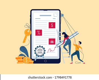 Mortgage online concept. Borrowers sign loan contract by e-signature. People affix an electronic signature to mortgage agreement. Digitally document on phone screen vector illustration, flat design